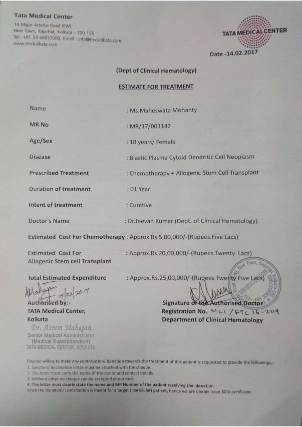 Cost estimate as per the Doctors of Tata Medical Center, Kolkata