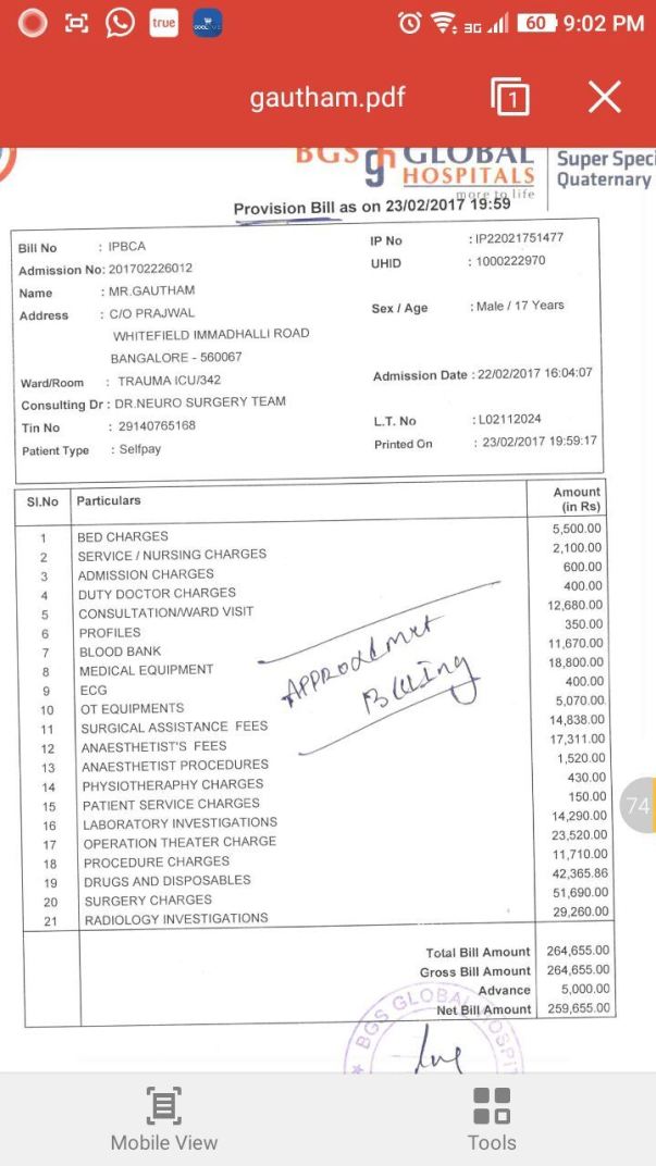 Medical expenses as of now - BGS global Hospitals