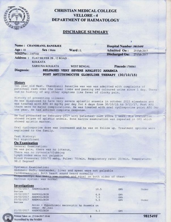 DISCHARGE CERTIFICATE AS I COULD NOT START TREATMENT (BMT)DUE TO MONEY