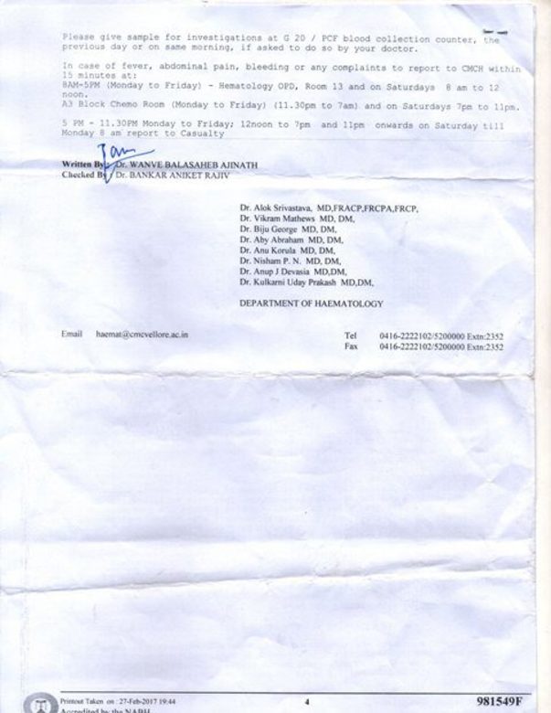 DISCHARGE CERTIFICATE AS I COULD NOT START TREATMENT (BMT)DUE TO MONEY