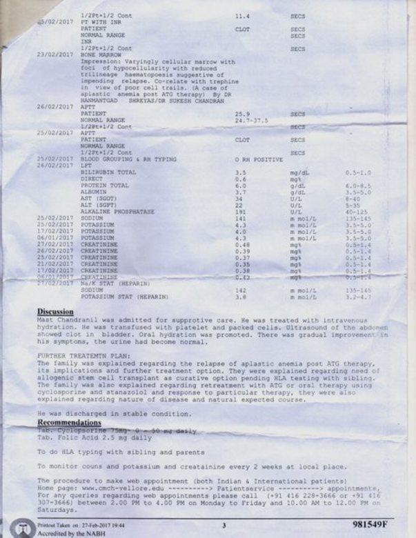 DISCHARGE CERTIFICATE AS I COULD NOT START TREATMENT (BMT)DUE TO MONEY