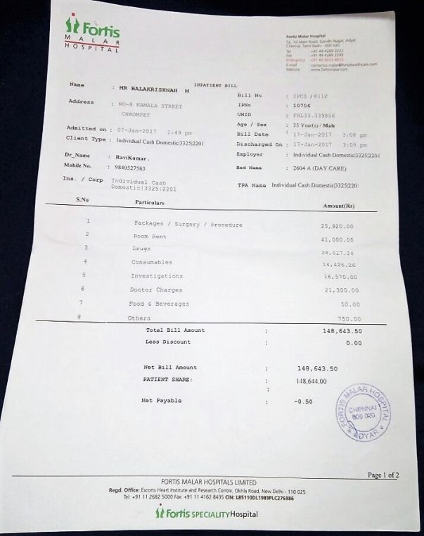 Fortis Malar hospital bill