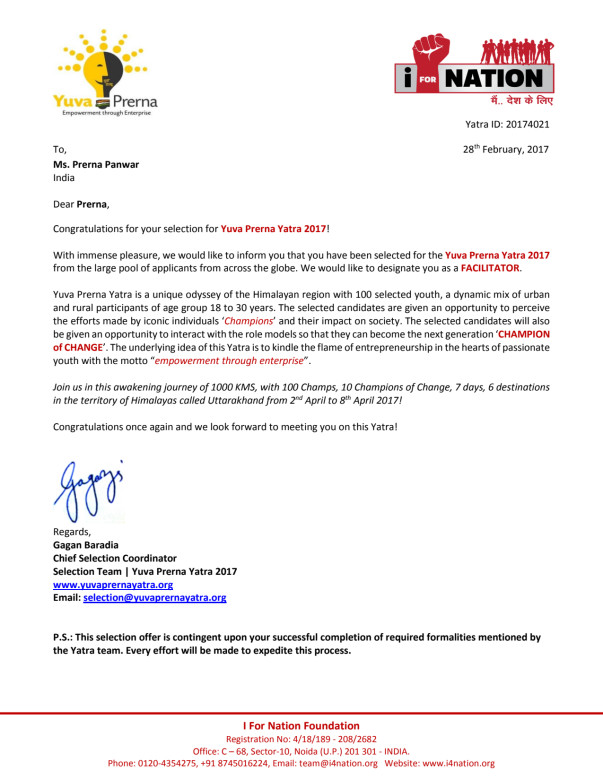 Selection letter for Yuva Prerna Yatra