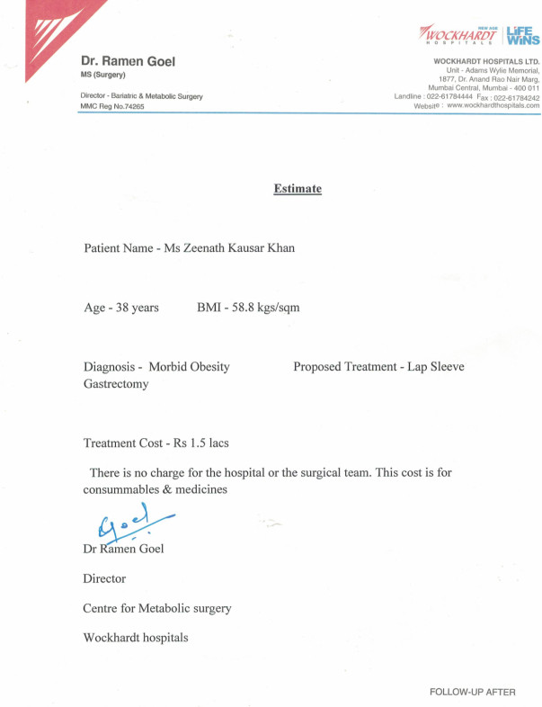 Zeenath Khan's Medical Estimates
