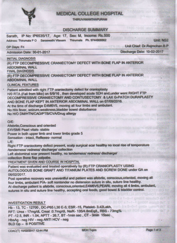 Replant of Skull-Brain surgery-Sharath
