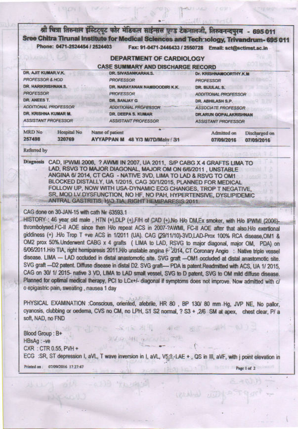Open Heart Surgery - Report (Father - Ayyappan)