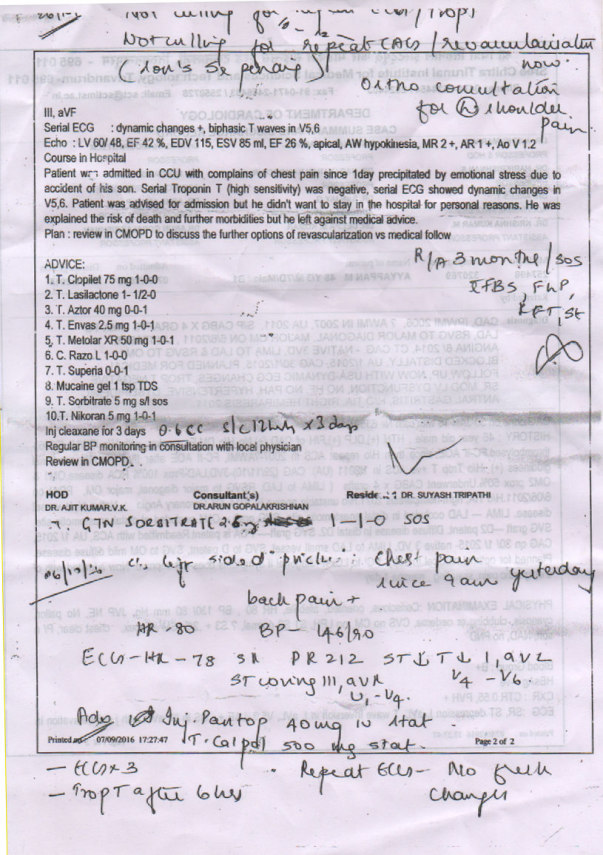 Angioplasty suugested by doctors - Report (Father - Ayyappan)