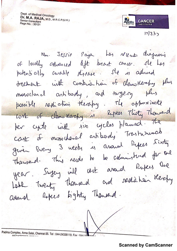 Medical Expenses - Letter from Dr M A Raja