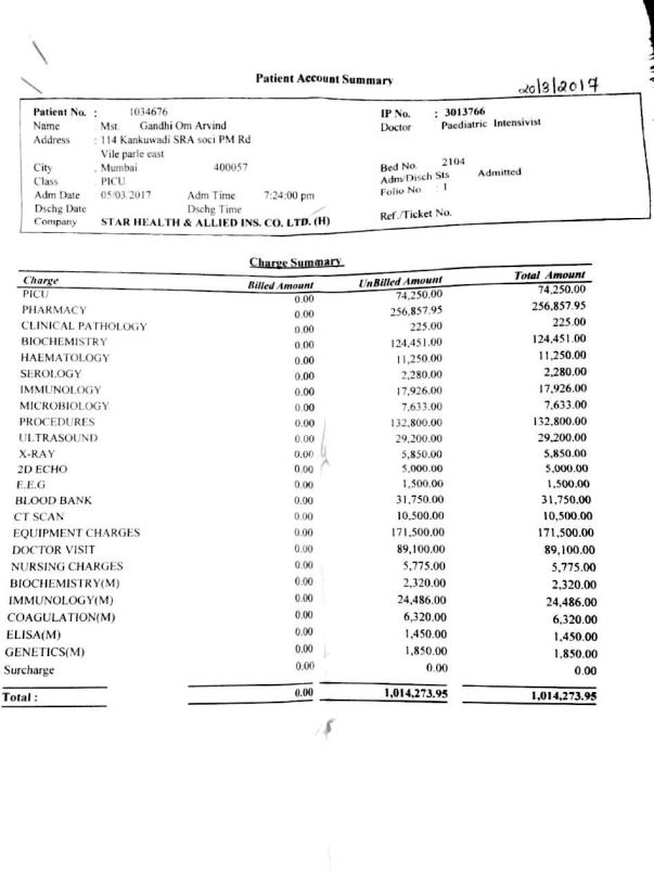 BILL OF TREATMENT TILL DATE
