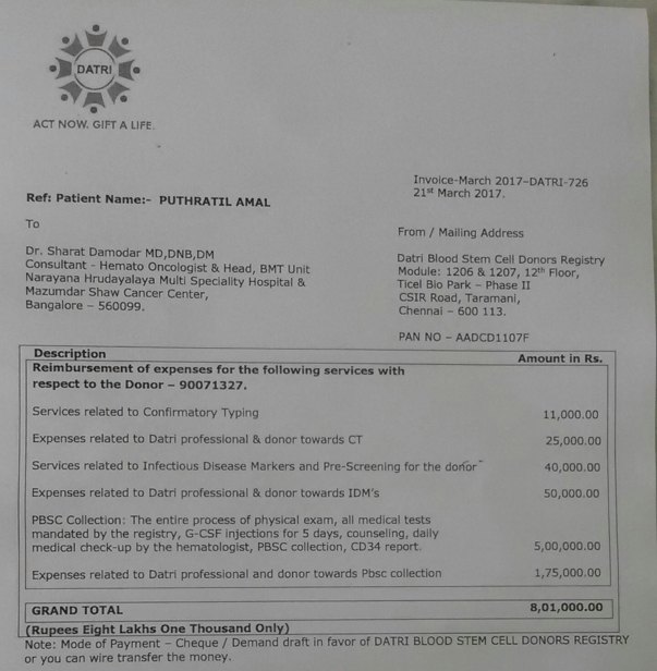 Bone marrow transplant invoice
