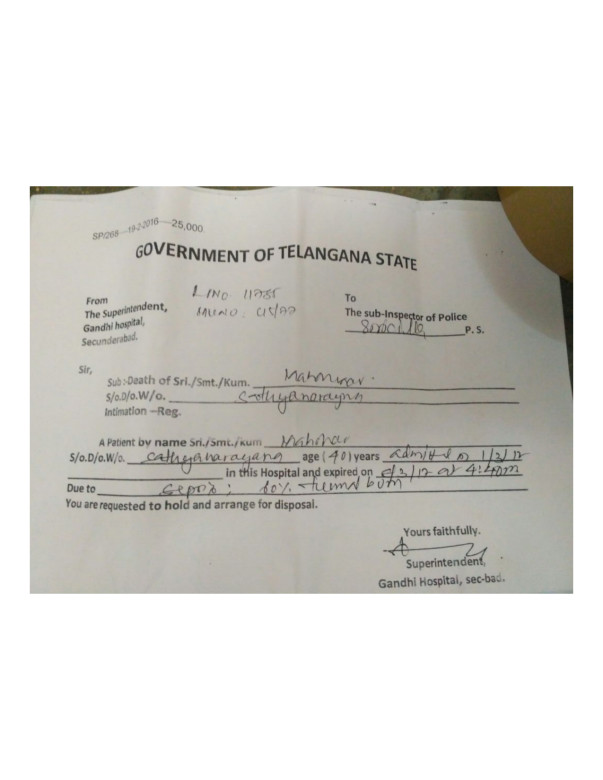 Death( Postmortem) report of Srujana's father