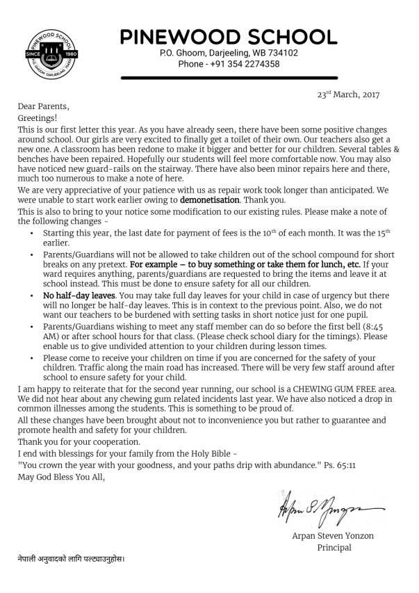 Letter to parents March 2017