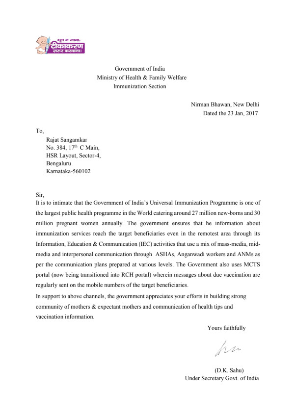 Our effort getting recognized by Immunization Dept.- Govt. of India