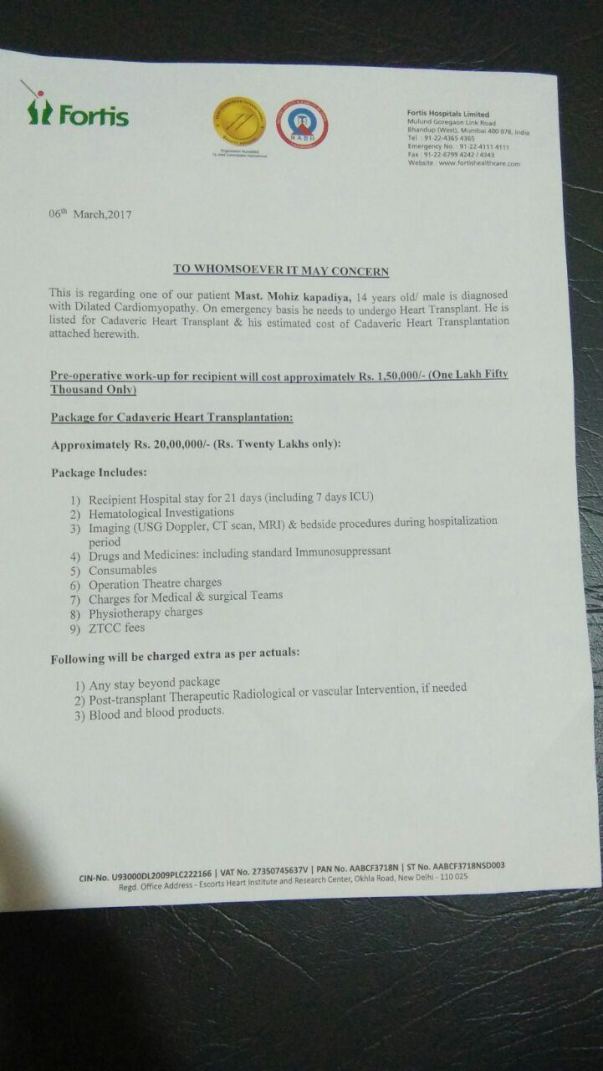 Fortis Hospital Letter of Expenses for Heart Transplant