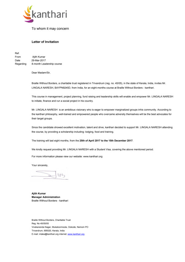 Invitation Letter from Kanthari organisation