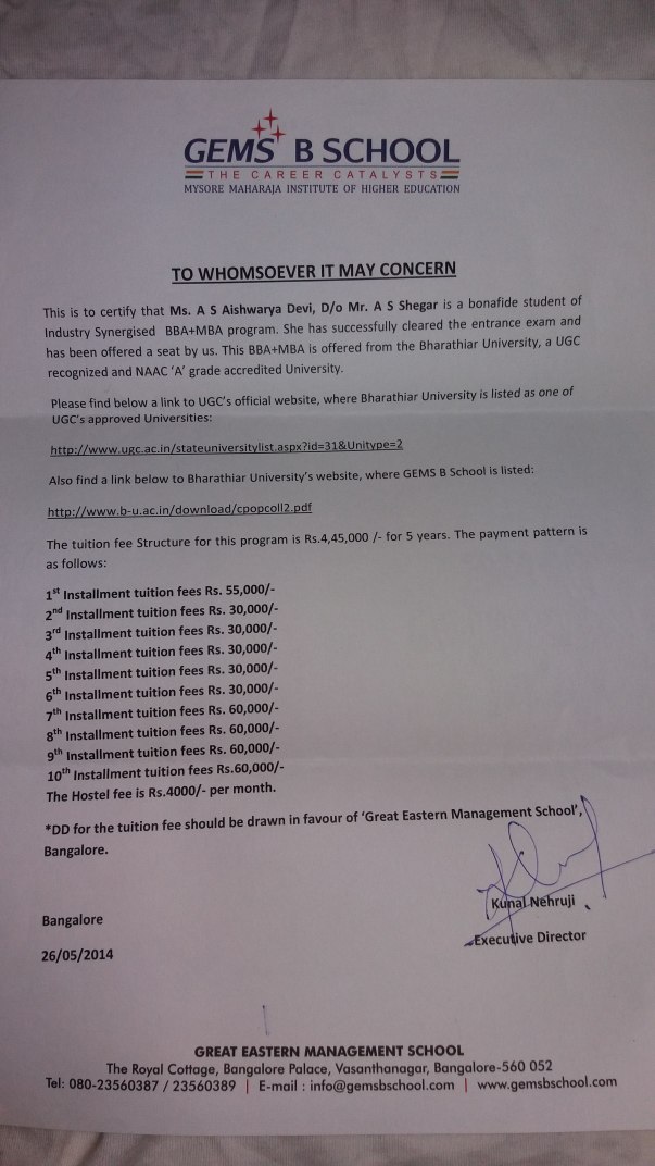 College admission letter/fees structure