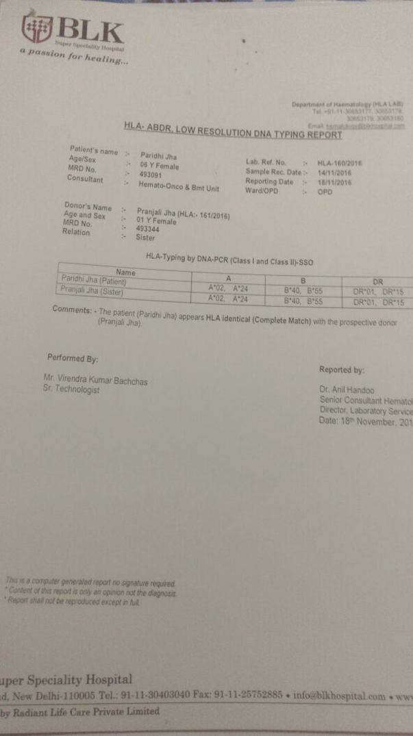 HLA report where one can see her hla is matched with her sibling