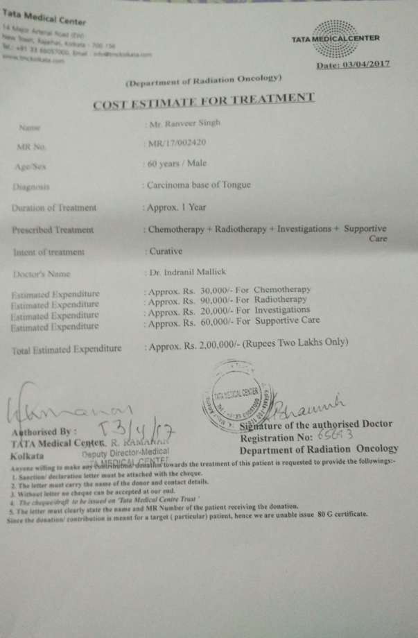 Medical Report stating cost of treatment