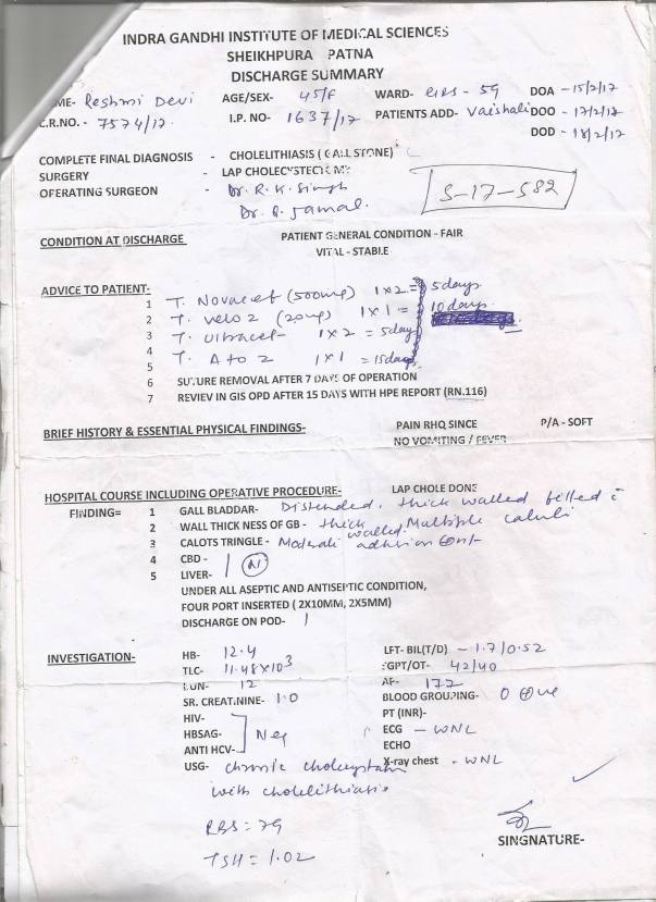 Discharge Summary After Stones Removed from Stomatch