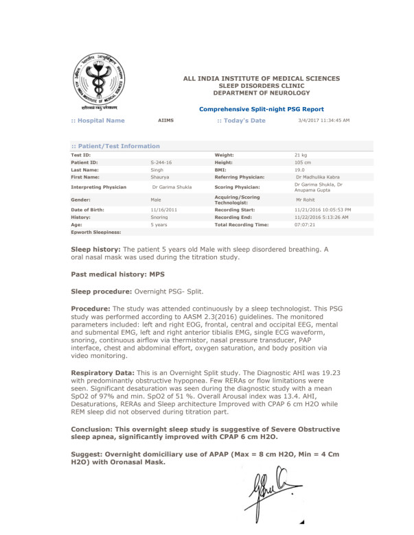 Sleep Study Report by Neurology Dept. AIIMS, New Delhi.