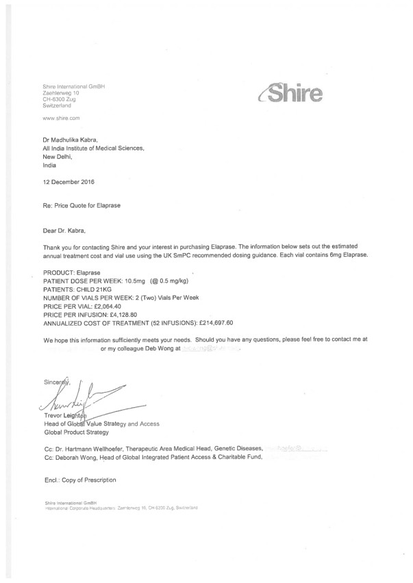 Price Quotation by the Pharmasutical Company to AIIMS for treatment.