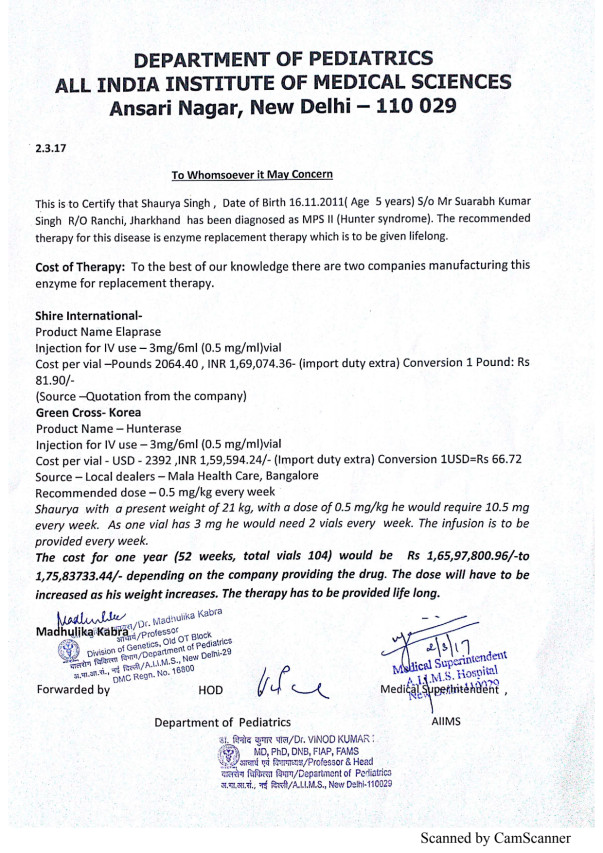 Estimated Cost by AIIMS, New Delhi for the treatment of Shaurya.
