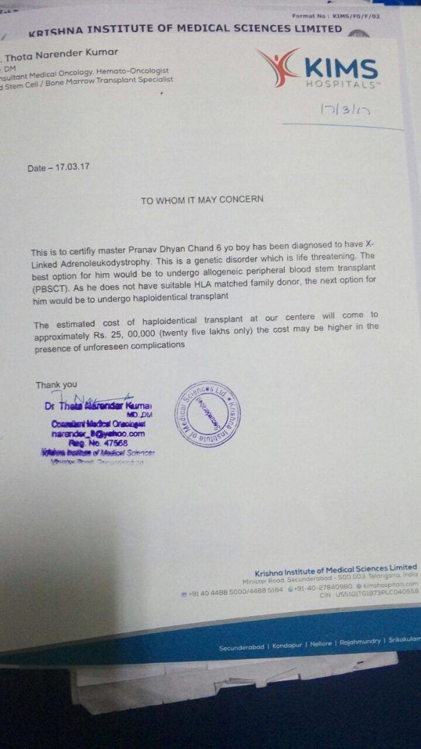 Letter from KIMS Hospital
