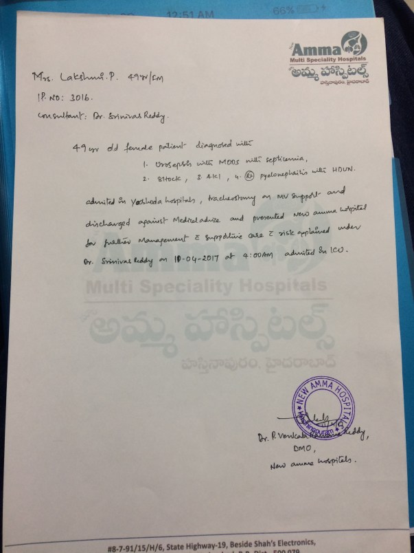 Admission letter from amma hospitals, hasthinapuram, HYDERABAD