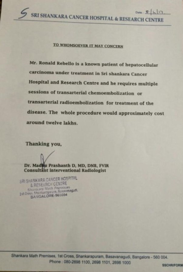 Letter from the hospital - Sri Shankara Cancer Hospital