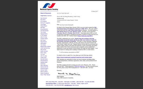 My Invitation letter from NASA