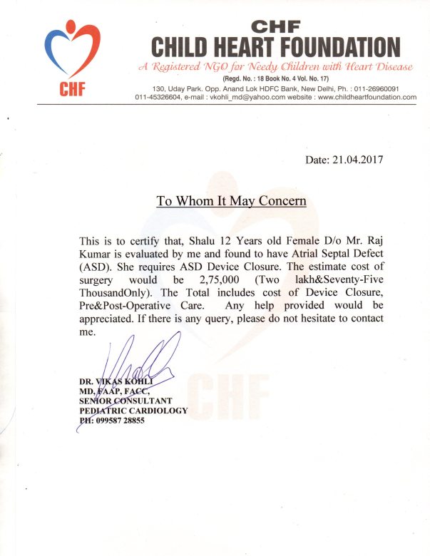 Estimated Letter from treating pediatric cardiologist