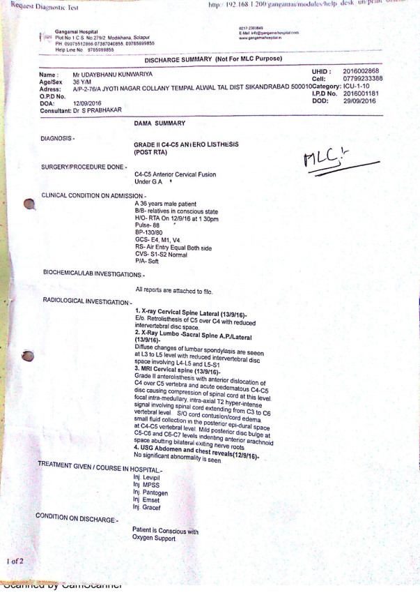 Uday Bhanus Medical reports and summary details from various hospitals