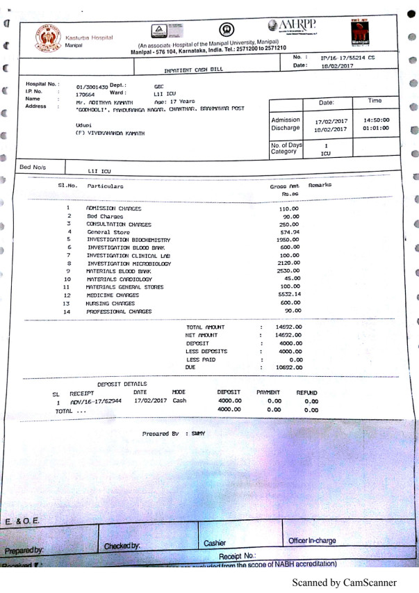 Hospital Bill - Kasturba Hospital (Manipal)