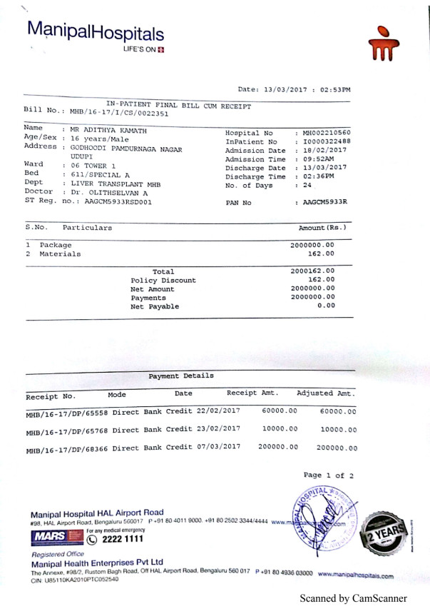 Hospital Bill - For Liver Transplant (Bangalore)