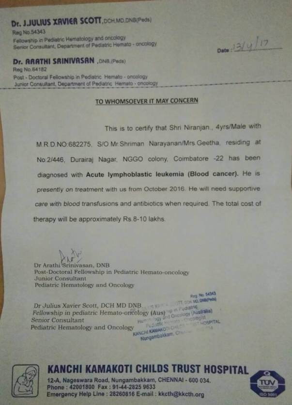 Affirmation certificate from Kanchi Kamakoti hospital, Chennai