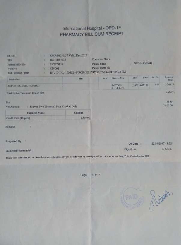 Injection Bill Per Week