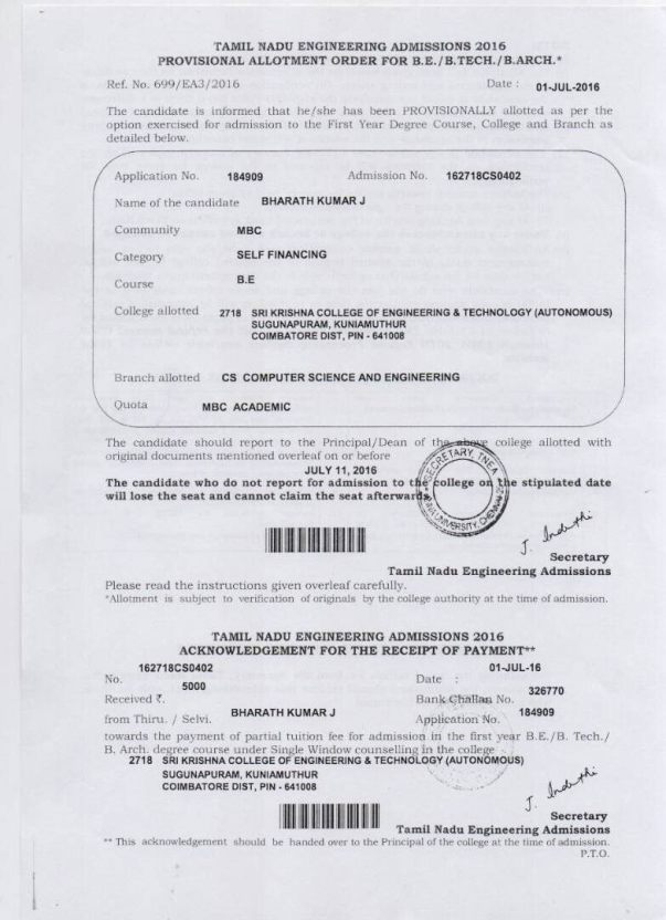 Admission form , Mr.J Bharath Kumar