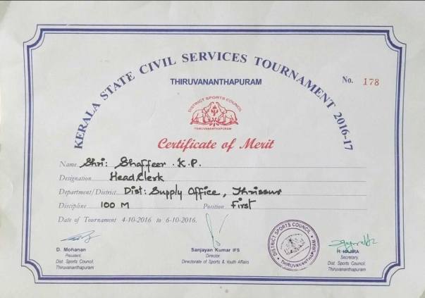 Kerala Civil Services Tournament 2016-17 Certificate