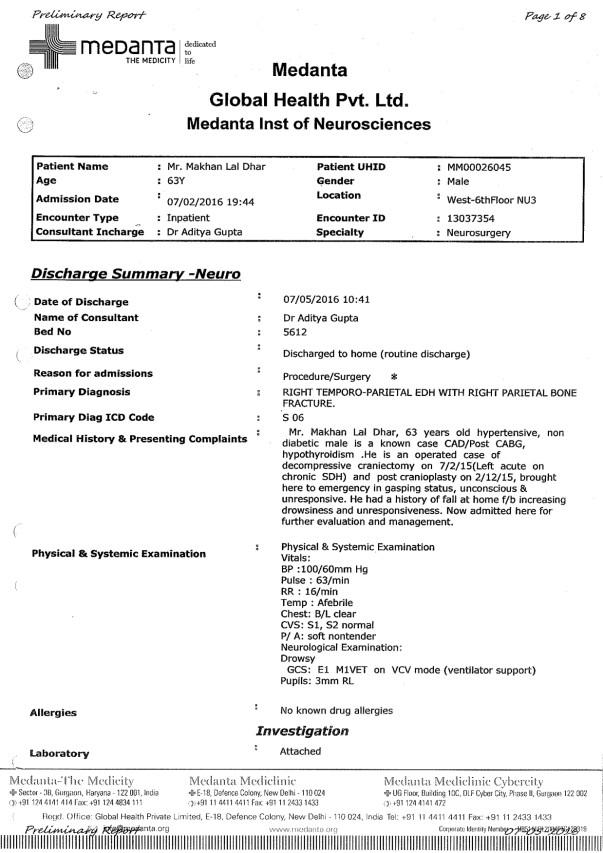 makhan lal dhar discharge summary