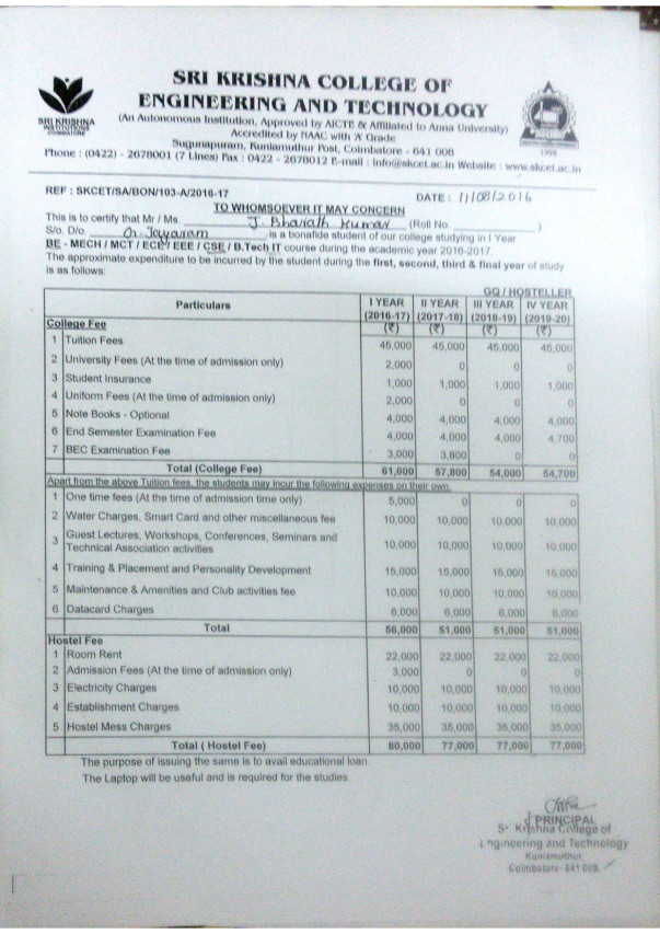 Fee structure, Mr. J Bharath Kumar