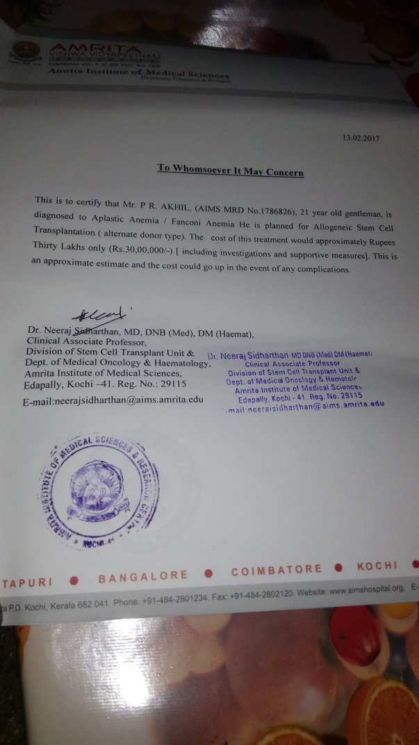 seeking help for 23 yrs boy suffering from Aplastic anemia
