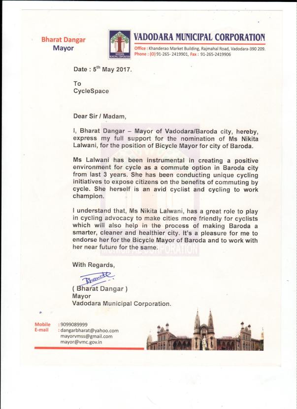 Endorsement letter by Mayor of Baroda, Mr. Bharat Dangar
