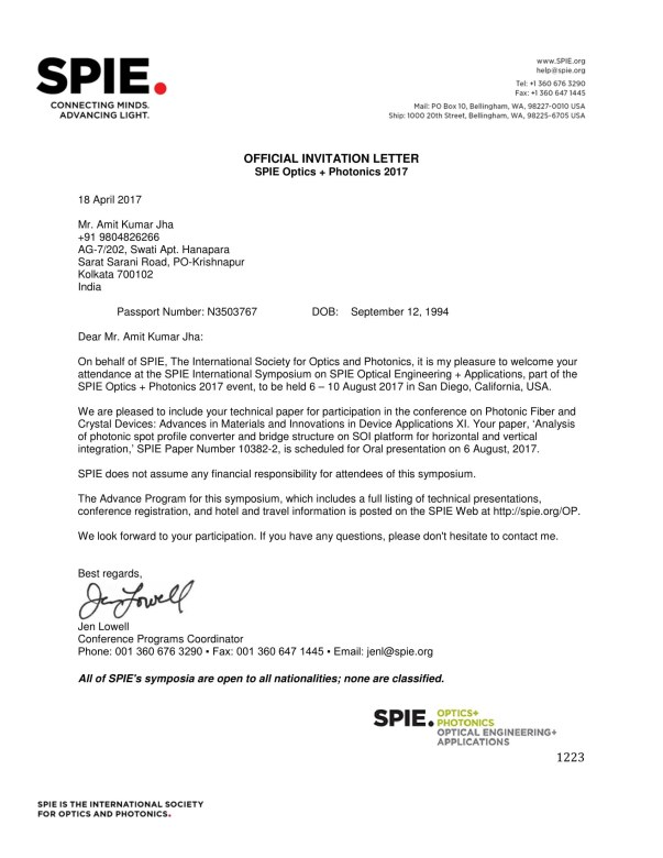 Invitation letter from the conference organizer: SPIE