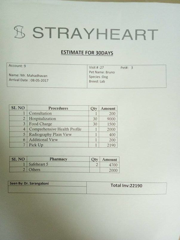 Hospital's estimated invoice for Bruno