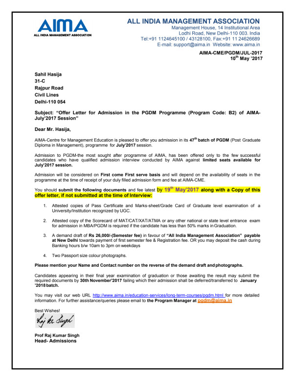 OFFER LETTER TO ALL INDIA MANAGEMENT ASSOCIATION