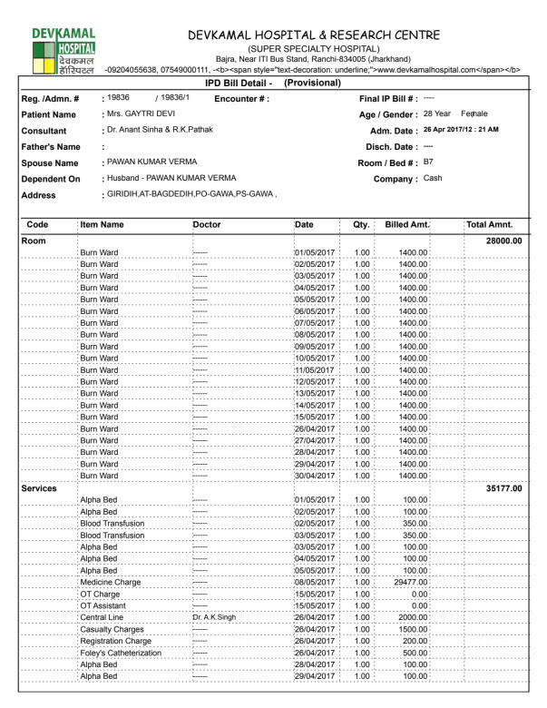 GayatriDevi Bill-through 15/5. Surgery not included. Scheduled 16/5