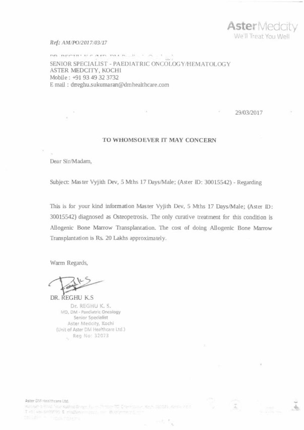 Doctor Letter: Dr Reghu Aster Medcity
