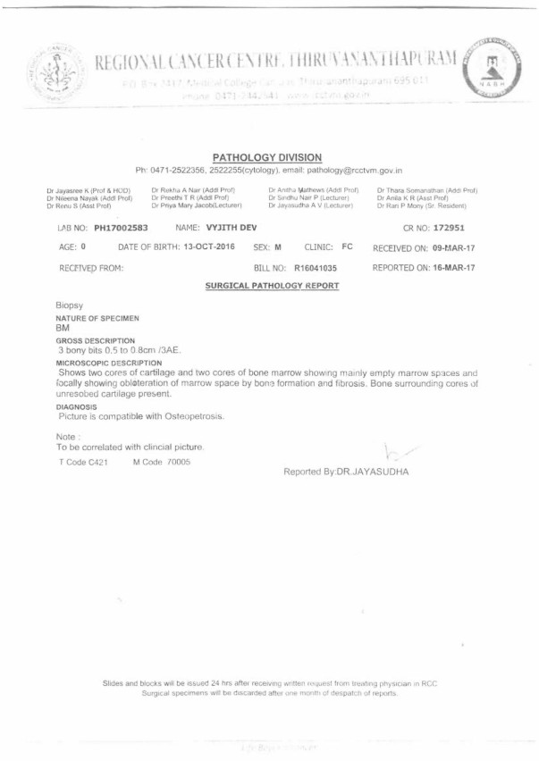 Vyjith's Blood Report from Regional Cancer Centre Trivandrum