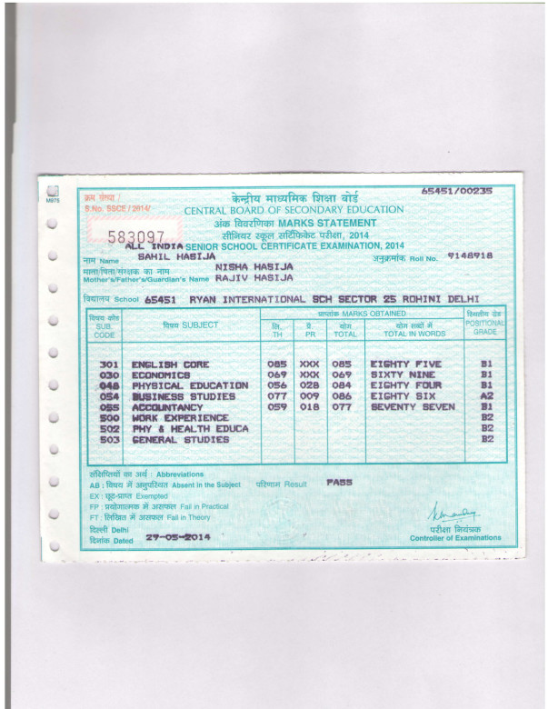 12 TH CLASS MARKSHEET
