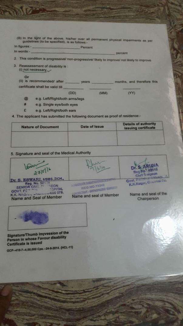 Multiple disabilities certificate issued by the government